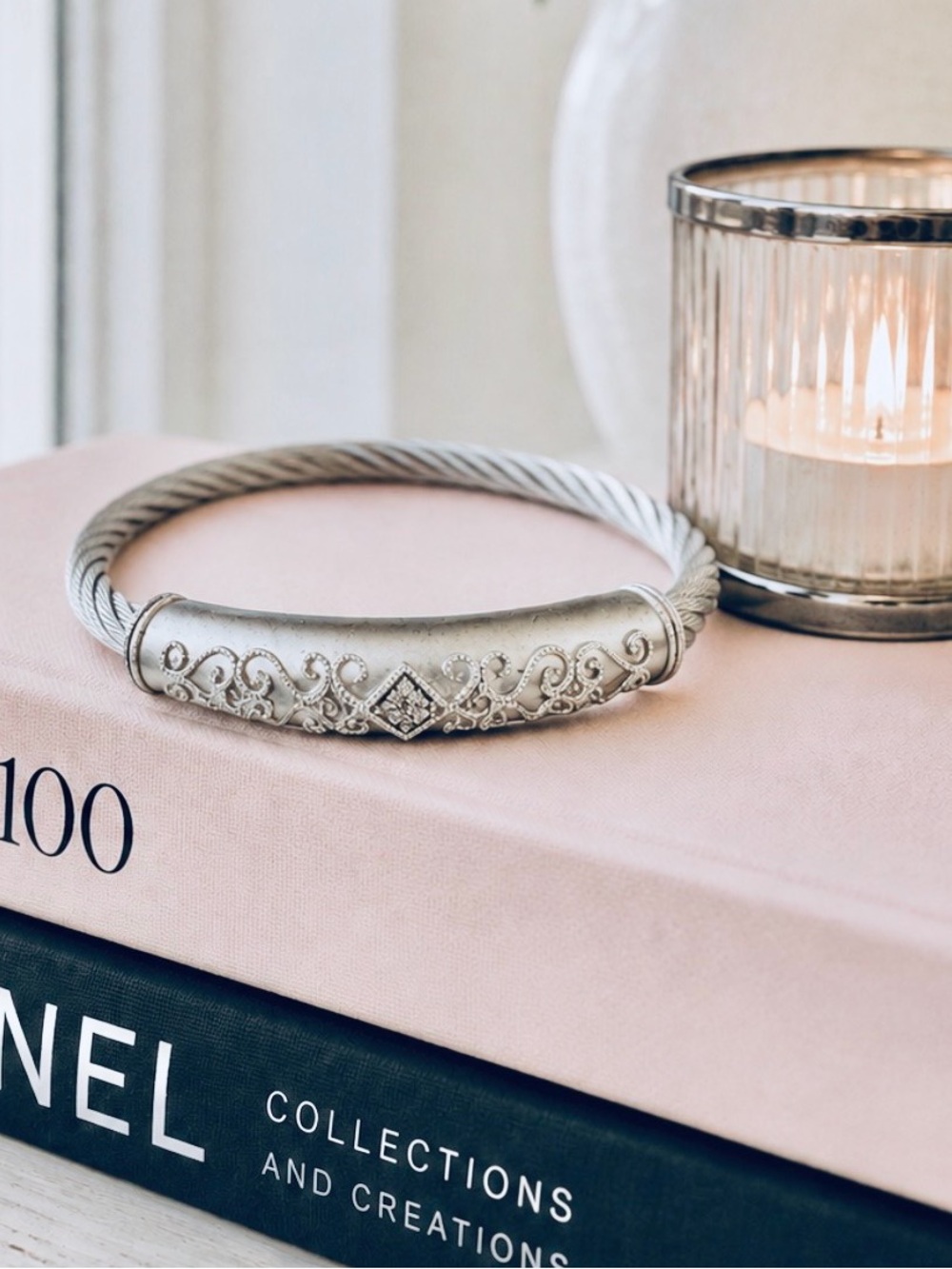 GABRIEL & Co 925 Silver and Steel Cable Bracelet with Pave Diamonds